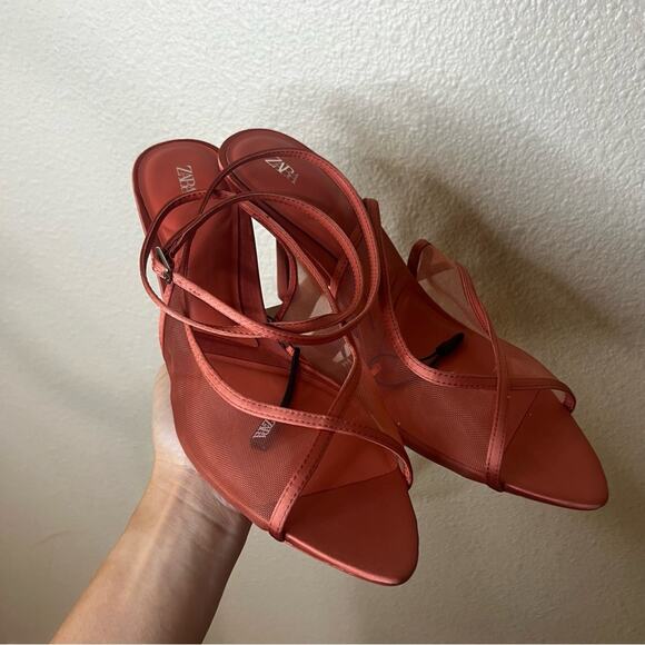 Zara coral red mesh strappy pointed heels NEW 41/10 - Picture 6 of 12